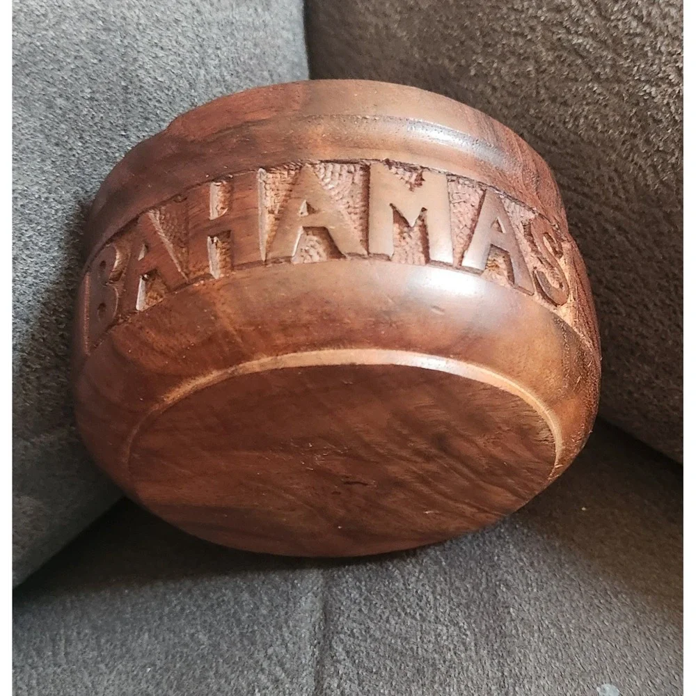 Vintage Hand Carved Wood Bahamas Souvenir Coaster Holder Inlay Tropical Decor